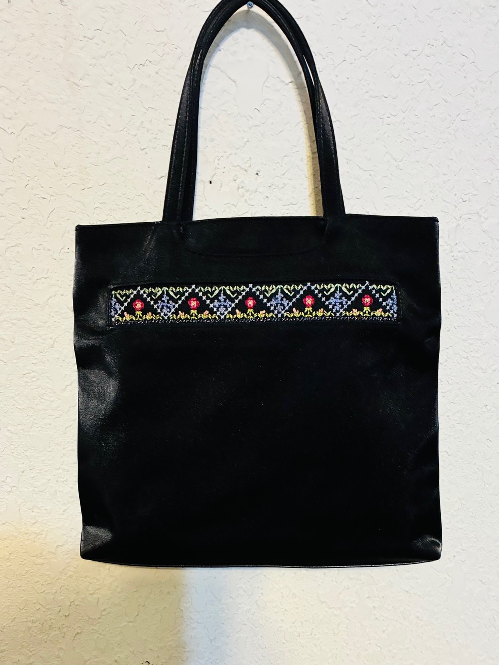 Black SatinTote Bag with Embroidered Accent